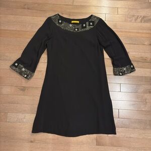 Alice + Olivia Black 3/4 Sleeve Mini Dress with embroidered cuffs and collar